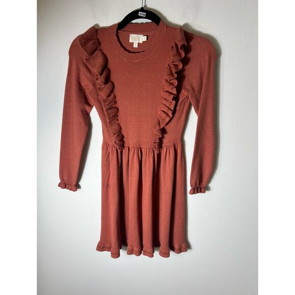 Creamie Burnt Orange Knit Ruffle Long Sleeve Dress Sz 8 - Picture 1 of 3